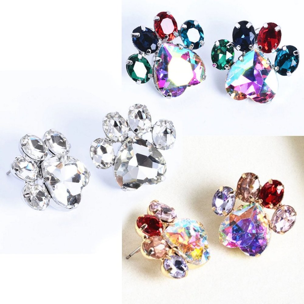Colorful Rhinestone Paw design stud earrings animal footprint